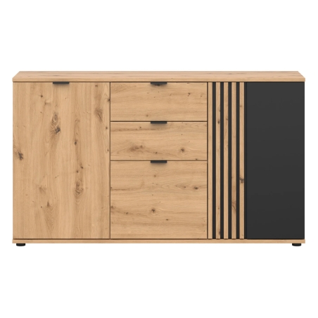 Komoda Vabres 150 cm z 3 drzwiami i 2 szufladami dąb artisan lamele Black Red White