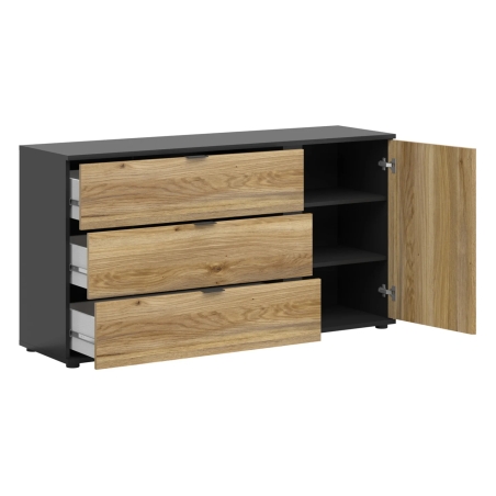 Komoda Luen 143 cm z drzwiami i 3 szufladami dąb tegola/dąb mauvella Black Red White